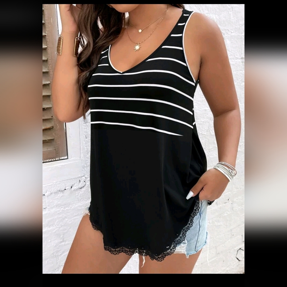 Black & White Striped Lace Trim Tank Top